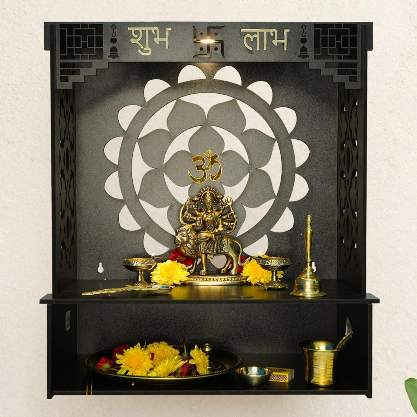 Ekhasa Wooden Pooja Mandir for Home Wall Mounted | Wooden God Temple for Home | Pooja Stand for Home | Puja Mandir for Home | Pooja Unit for Home with LED Spotlight | Temple for Office