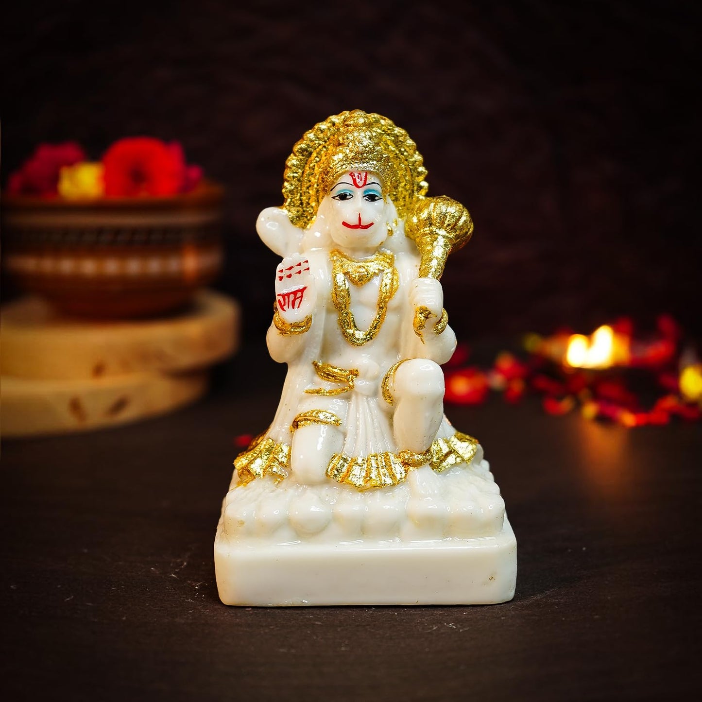 Ekhasa Aura Series Marble Dust Hanuman Ji Murti for Home Puja (5 inch) | Gold Plated Lord Hanuman Idol for Home Decor | Resin Bajrangbali Murti for Puja Room | Bahubali Hanuman Idol with Gada for Gift