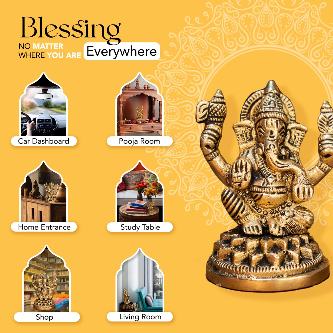 Ekhasa 100% Pure Brass Ganesha Idol (Size: 8.4 cm) | Pital Ganesh Murti for Pooja Room, Home Decor, Office Desk and Car Dashboard | Vinayagar Statue for Diwali Puja