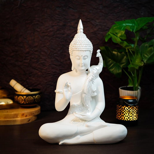 Ekhasa Marble Dust White Big Buddha Statues for Living Room (Size: 32 cm, 12.6 inches) | Lord Buddha Statue for Home Decor | Gautam Buddha Murti Idols | Budha Sculpture Home Decor Showpiece Idol