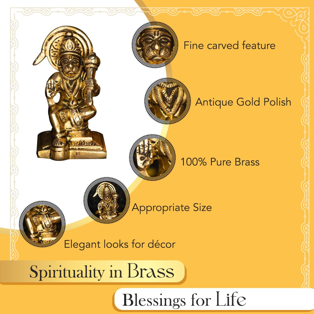 Ekhasa 100% Pure Brass Hanuman Ji Murti (Size: 8.4 cm) | Lord Hanuman Idol for Home Puja, Office Desk and Car Dashboard | Balaji Idol | Bahubali Hanuman Idol | Ideal Gift for All Occasions