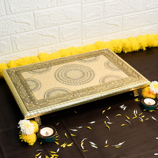 Ekhasa Wooden Chowki for Puja with Brass Sheet (18 * 12 Inch)|Rectangular Ideal Pooja Table for Home|Bajot for God Idols|Diwali Decorations Items for Home|Wooden Chowki for Sitting