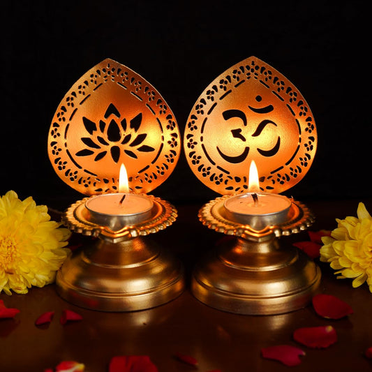 Ekhasa Metal Tealight Candle Holders for Home Decor | Perfect Candle Stand for Diwali Decoration and Table Decor | Indoor & Outdoor, Festival Decorative Candles Gift Items (Lotus Om, Set of 2)