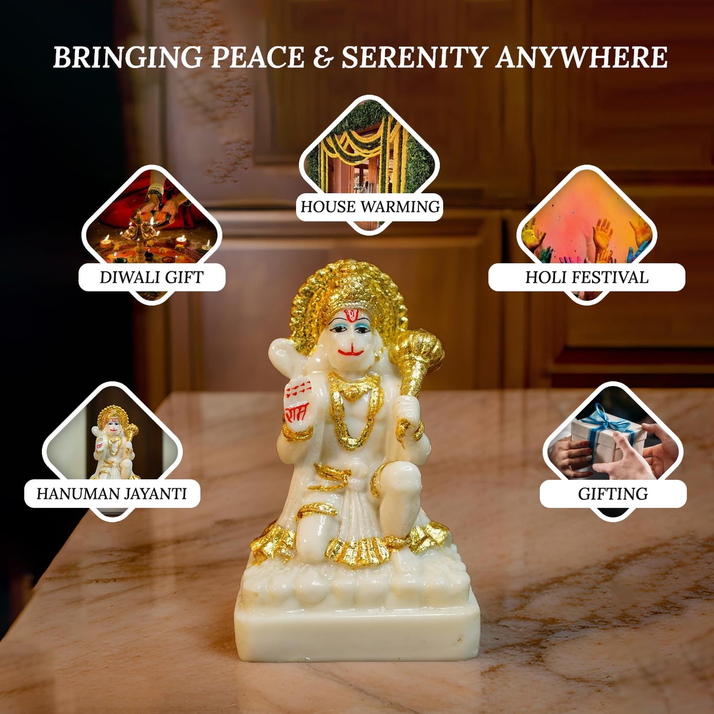 Ekhasa Aura Series Marble Dust Hanuman Ji Murti for Home Puja (5 inch) | Gold Plated Lord Hanuman Idol for Home Decor | Resin Bajrangbali Murti for Puja Room | Bahubali Hanuman Idol with Gada for Gift