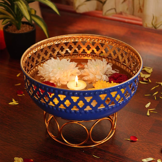 Ekhasa Blue Urli Bowl with Stand for Home Decor & Table Decoration | Floating Flowers, Tealight Candles Water Bowl for Diwali Pooja & Other Festivals | Gift for Various Occasions