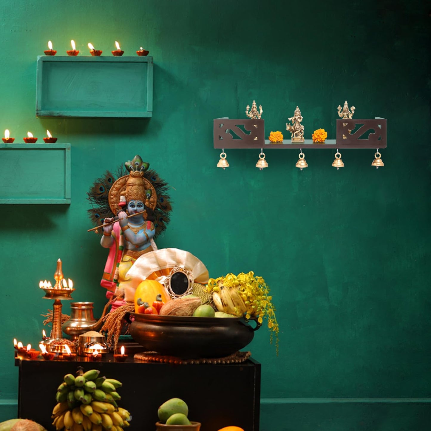 Ekhasa Wooden Pooja Mandir for Home Wall Mounted | Wooden God Temple for Home | Pooja Stand for Home | Puja Mandir for Home | Pooja Unit for Home with LED Spotlight | Temple for Office