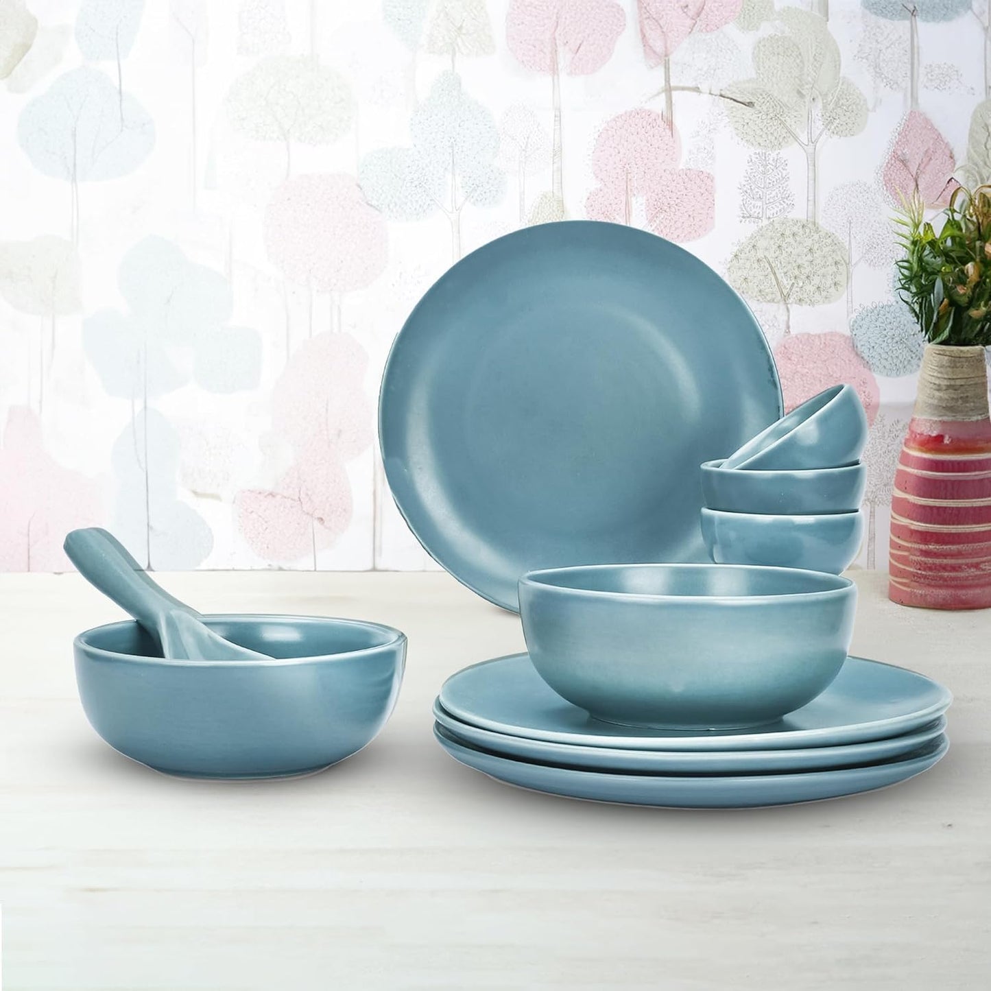 Ekhasa Ceramic Dinner Set (11 pcs, Microwave safe, Chip Resistant, Blue, Damage-Proof Packaging) | Crockery Set Dinner Set | Ceramic Dinner Plates | Stoneware Dinner Set | Porcelain Dinner Set Gift