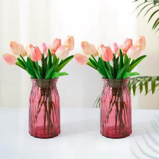 Ekhasa Red Flower Glass Vase for Home Decor | Glass Vases Home Decor for Living Room & Home Decoration | Flower Vase Aesthetic Flower Pots for Home Table Decorative Items Dining Table (Set of 2)