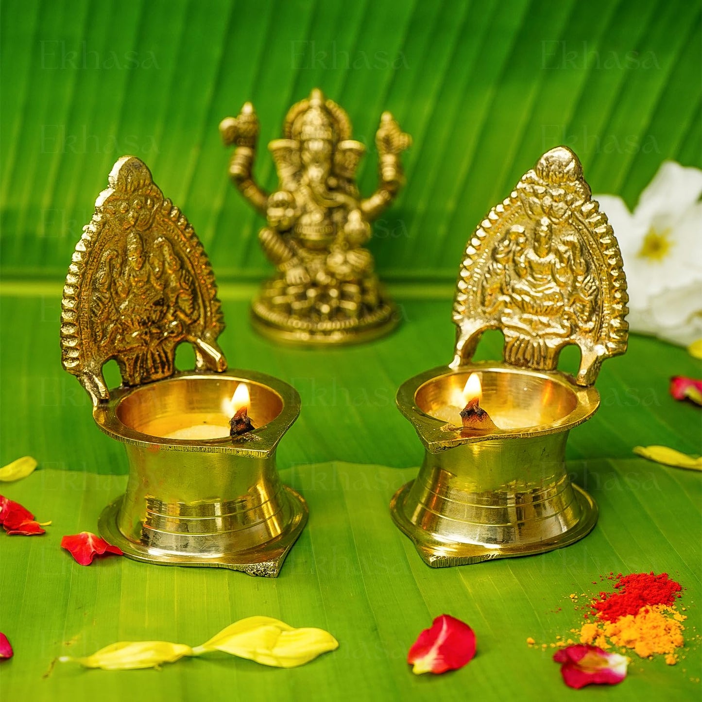 Ekhasa 100% Pure Brass Kamakshi Deepam for Pooja | Kamatchi Amman Vilakku | South Indian Diya for Pooja | Lakshmi Deepam in Brass | Pithalai Vilaku for Pooja | Ashtalakshmi Diya (Set of 2)