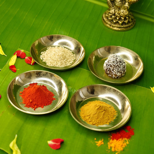 Ekhasa Pure Brass Thali for Pooja | Small Multipurpose Prasadam Plates for Pooja | Brass Plate for Prasad | Pooja Items Peetal Plate (Set of 4) | Pital Diya Roli Chawal Kumkum Thalis for Puja