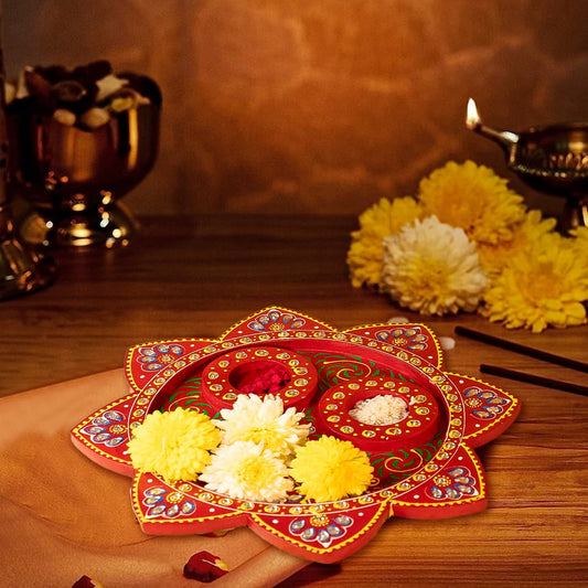 Ekhasa Mango Wood Pooja Thali for Home | Puja ki Thali for Shop | Vintage Aarti Thali for Pooja for Office | Flower Shape Pooja Plate Decorative for Gift | Prasad kee Thaalee for Poojaa (Handcrafted)