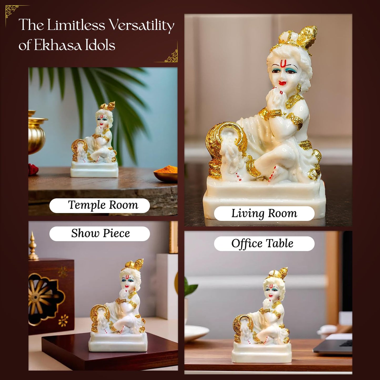 Ekhasa Aura Series Marble Dust Bal Gopal Murti (5 inch) | Gold Plated Laddu Gopal Murti for Pooja Room | Resin Baby Krishna Idol for Home | Bal Krishna Idol | Sri Krishna Idols Gift | Makan Chor Idol