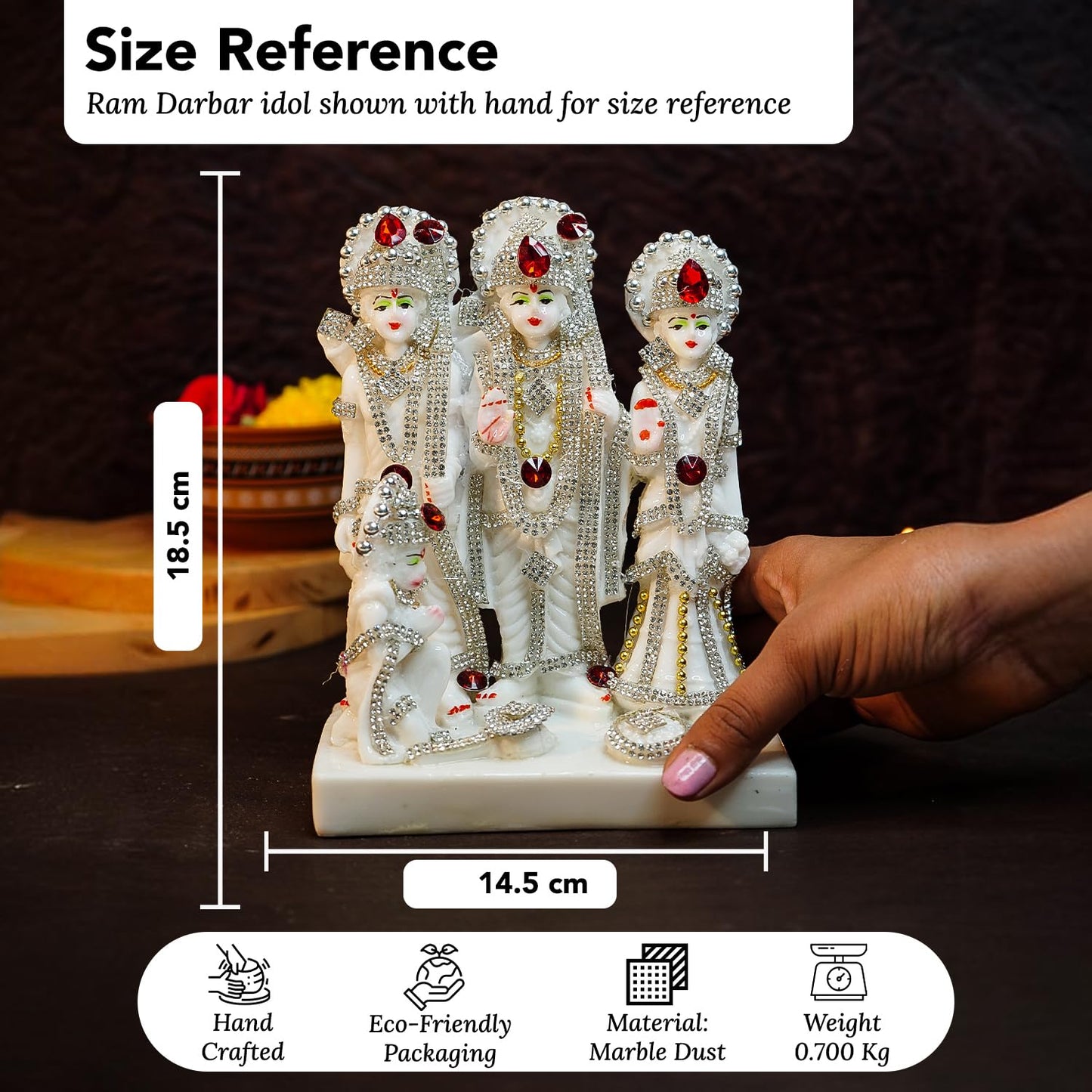 Ekhasa Aura Series Marble Dust Ram Darbar Murti (8 inch, Medium Size) | Gemstone Zircon Studded Ram Darbar Statue for Home Decor | Ram Sita Laxman Hanuman Idol | Shree Ram Parivar Murti for Gift