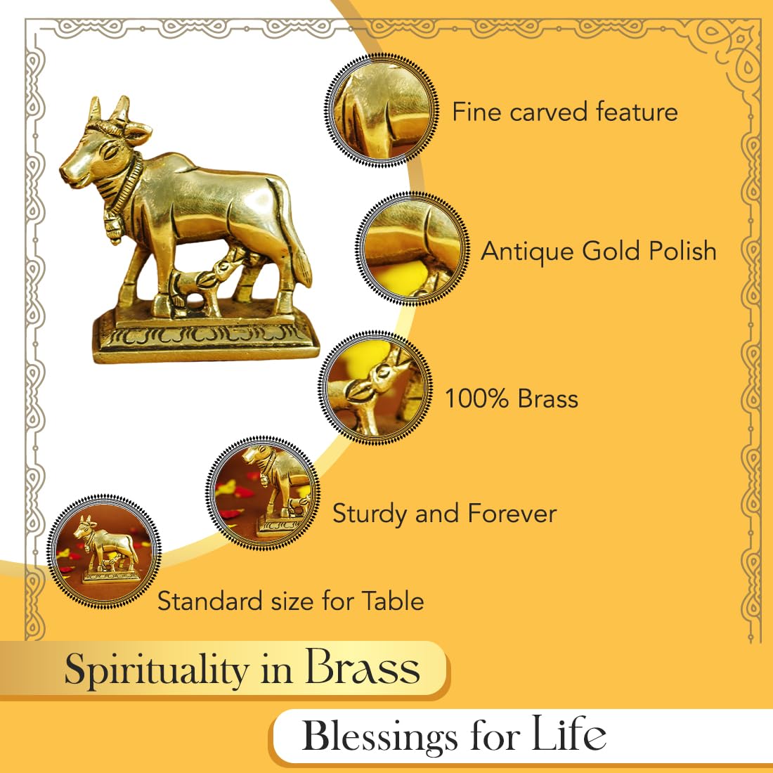 Ekhasa 100% Pure Brass Kamdhenu Cow with Calf Vastu Idol | Komatha Cow with Calf Statue for Pooja | Kamdhenu Cow and Calf Statue Idols for Home Decor, Vastu, Feng Shui and Pooja Room