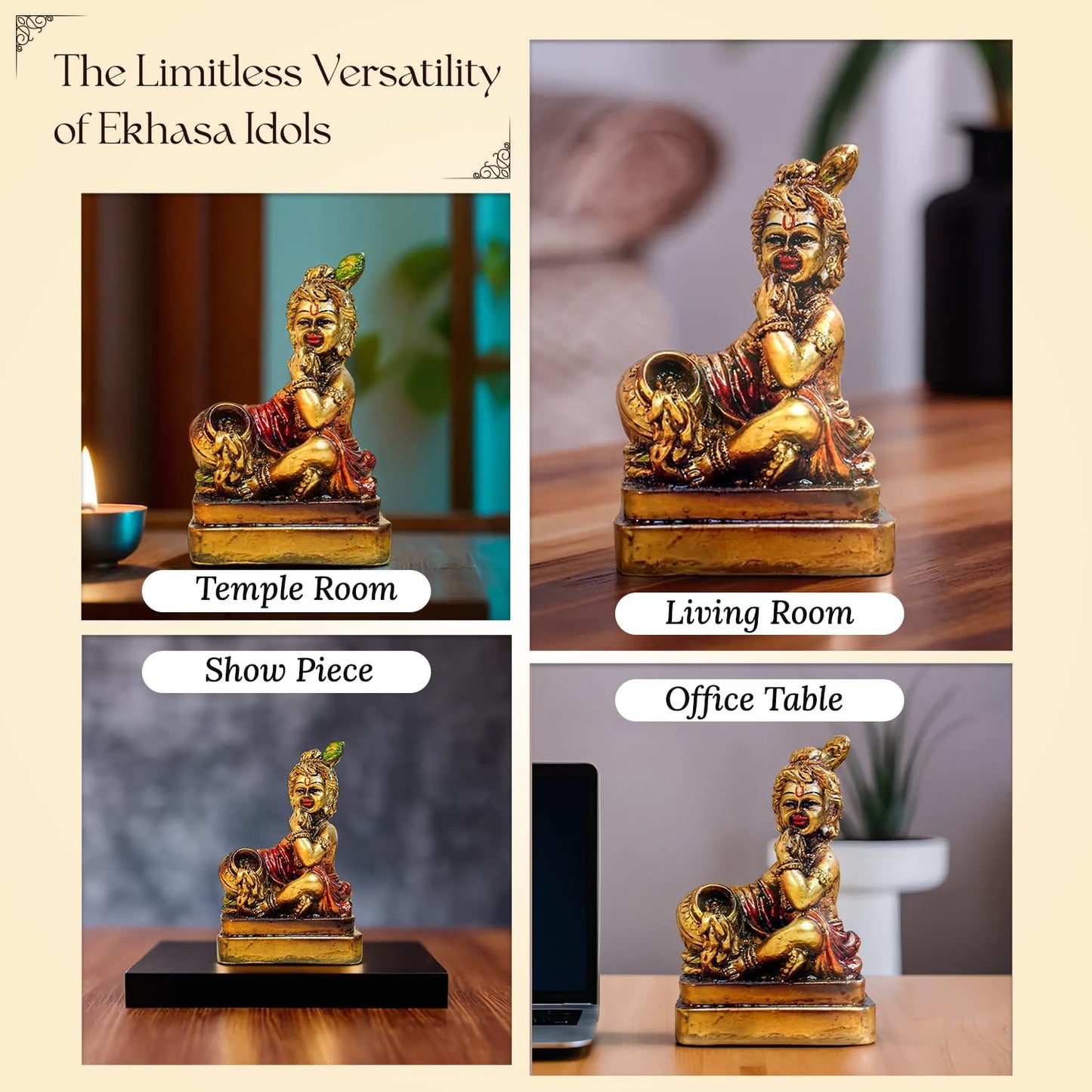 Ekhasa Aura Series Antique Gold Painted Bal Gopal Murti (5 inch) | Marble Dust Laddu Gopal Murti for Puja | Resin Baby Krishna Idol for Home | Bal Krishna Idol | Sri Krishna Idols | Makan Chor Idol