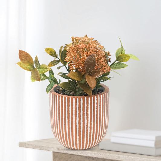 Ekhasa Skimmia Artificial Plants with Flowers for Home Decor with Pot (19 CM, 6 Stems) | Fake Faux False Show Indoor Plastic Small Decorative Potted Plant for Living Room, Green Plant for Decoration