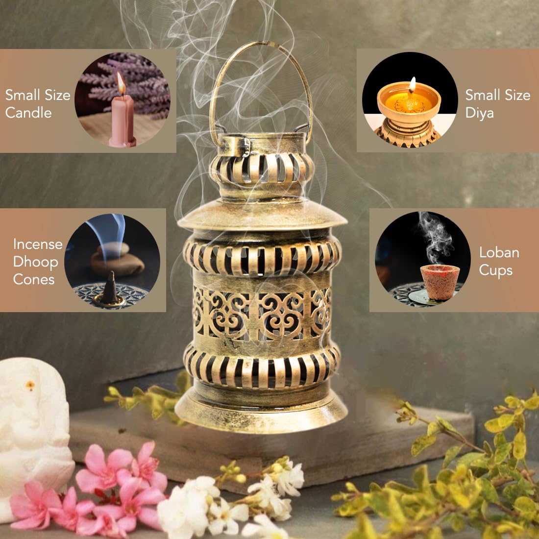 Ekhasa Iron Hanging Degchi Dhoop Dani Pot & Tealight Candle Holder for Home Decor Metal Tea Light Candle Diya Stand for Home Decoration Decorative Lamps for Living Room, Gold