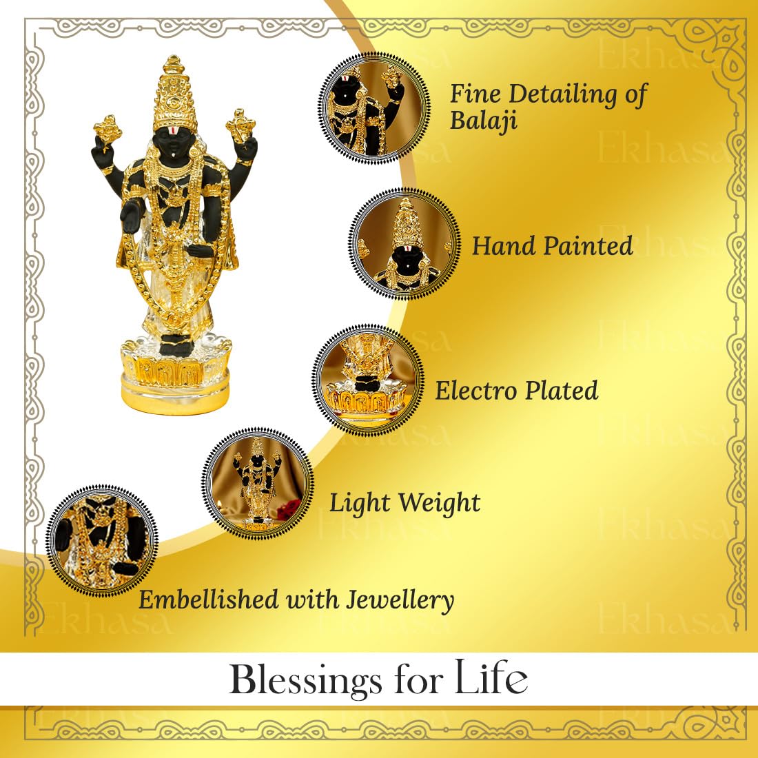 Ekhasa Tirupati Balaji Idol (12.4 cm) | Lord Venkateswara Idol for Car Dashboard, Pooja Room, Home Decor & Office Desk | Venkateshwara Swamy Murti | Perumal Statue | God Idols for Gifting