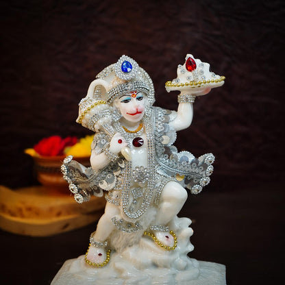 Ekhasa Aura Series Marble Dust Hanuman Ji Murti (8 inch, Medium Size) | Gemstone Zircon Studded Lord Hanuman Idol for Home Decor | Resin Bajrangbali for Puja | Bahubali Hanuman with Gada