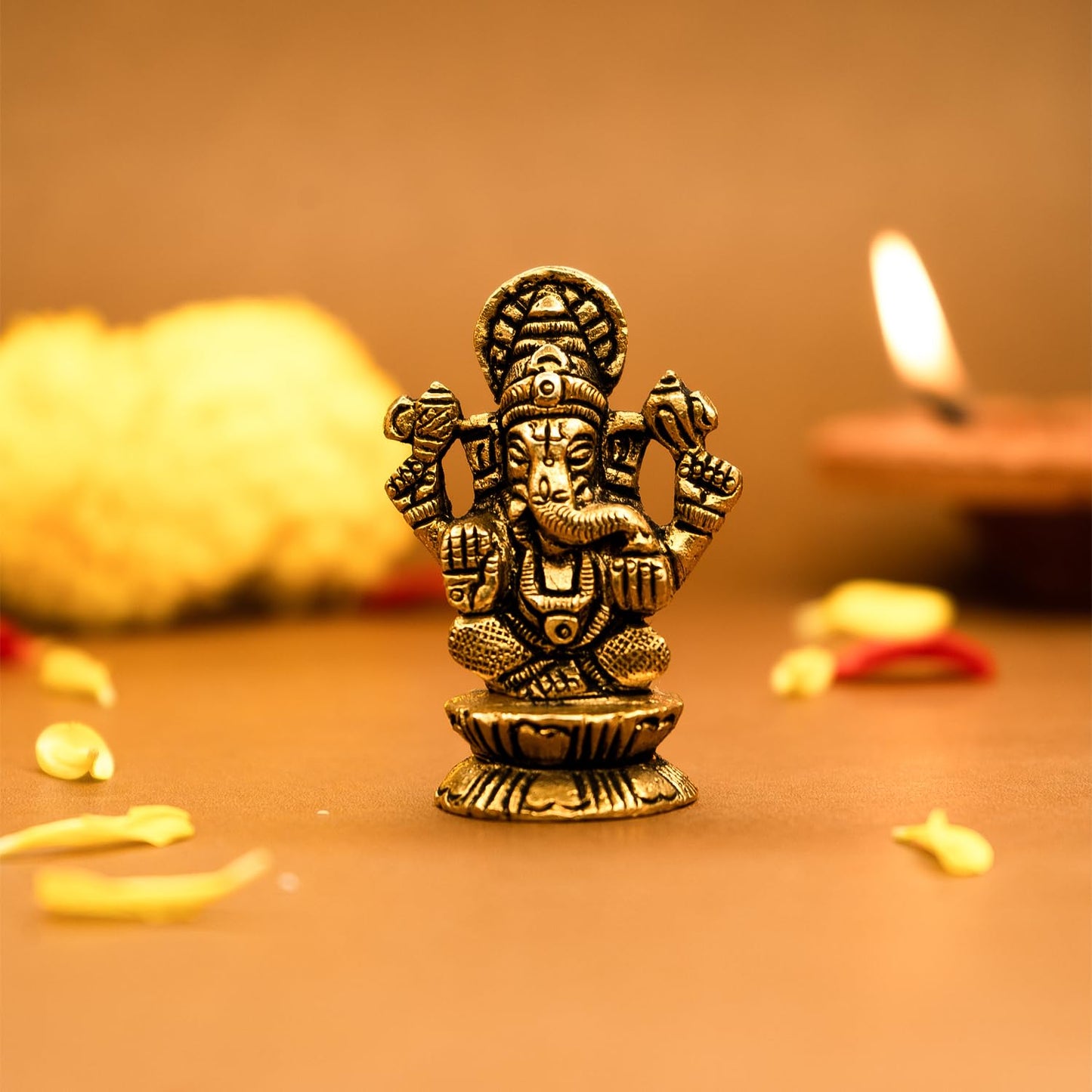 Ekhasa 100% Pure Brass Ganesha Idol (Size: 5.5 cm) | Pital Ganesh Murti for Pooja Room, Home Decor, Office Desk and Car Dashboard | Vinayagar Statue for Diwali Puja