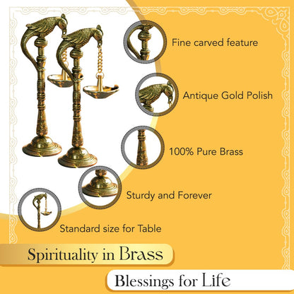 Ekhasa 100% Pure Brass Diya for Puja (Size: cm, Set of 2) | Standing Diya for Pooja | Pital Stand Diya for Puja | Brass Lamps for Pooja | Standing Parrot Hanging Brass Diya for Pooja