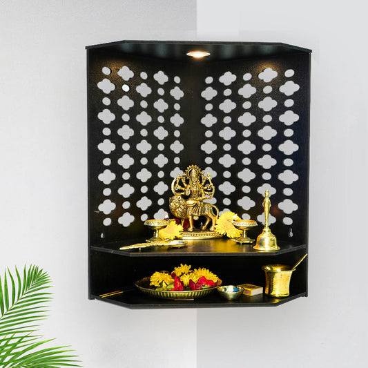 Ekhasa Wooden Pooja Mandir for Home Wall Mounted | Wooden God Temple for Home | Pooja Stand for Home | Puja Mandir for Home | Pooja Unit for Home with LED Spotlight | Corner Temple for Office