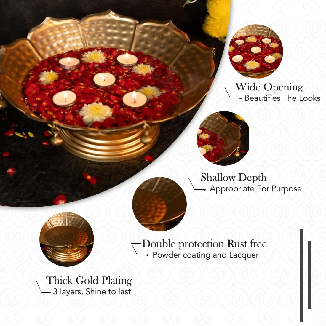 Ekhasa Urli Bowl for Home Decor & Table Decoration | Floating Flowers, Tealight Candles Water Bowl for Diwali Pooja & Festivals | Gift for House Warming Ceremony (Tealight, Urli Combo)
