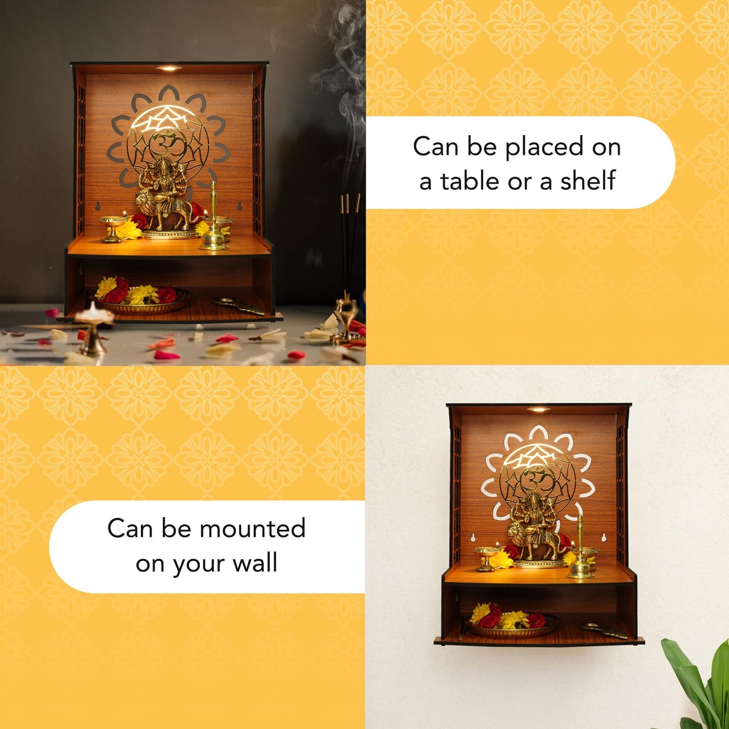 Ekhasa Wooden Pooja Mandir for Home Wall Mounted | Wooden God Temple for Home | Pooja Stand for Home | Puja Mandir for Home | Pooja Unit for Home with LED Spotlight | Temple for Office