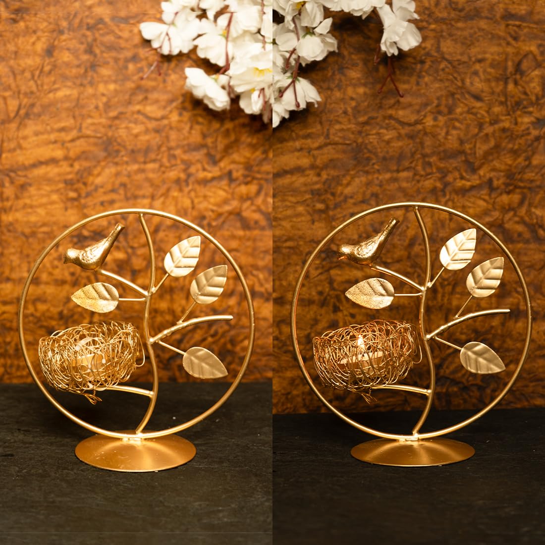 Ekhasa Metal Tealight Candle Holder for Home Decor|Perfect Candle Stand for Diwali Decoration and Table Decor|Indoor & Outdoor, Festival Decorative Candles Gift Items (Bird Nest Tealight), Gold