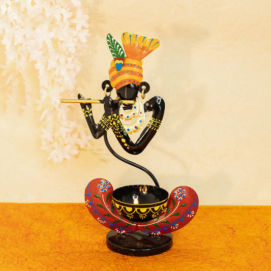 Ekhasa Handpainted Krishna Metal Tealight Candle Holder for Home Decor | Perfect Candle Stand for Diwali Decoration and Table Decor | Festival & Parties Decorative Candles Gift Items