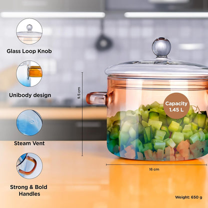 Ekhasa Borosilicate Glass Cookware for Gas Stove | Transparent Cooking Pot Pan Handi with Lid & Handle (1.5 L) | Glass Utensils for Cooking Biryani, Rice, Noodles, etc. | Microwave Safe Serveware