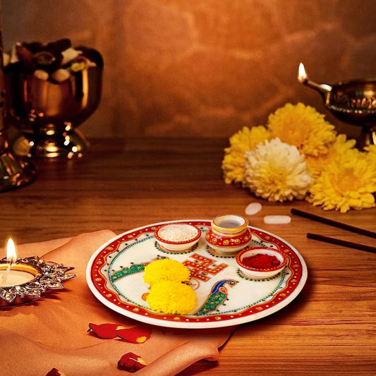 Ekhasa Marble Pooja Thali for Home | Puja ki Thali for Shop | Aarti Thali for Pooja for Office | Pooja Thali Decorative for Gift | Poojaa kee Thaalee | Prasad Thali for Pooja (Handmade)