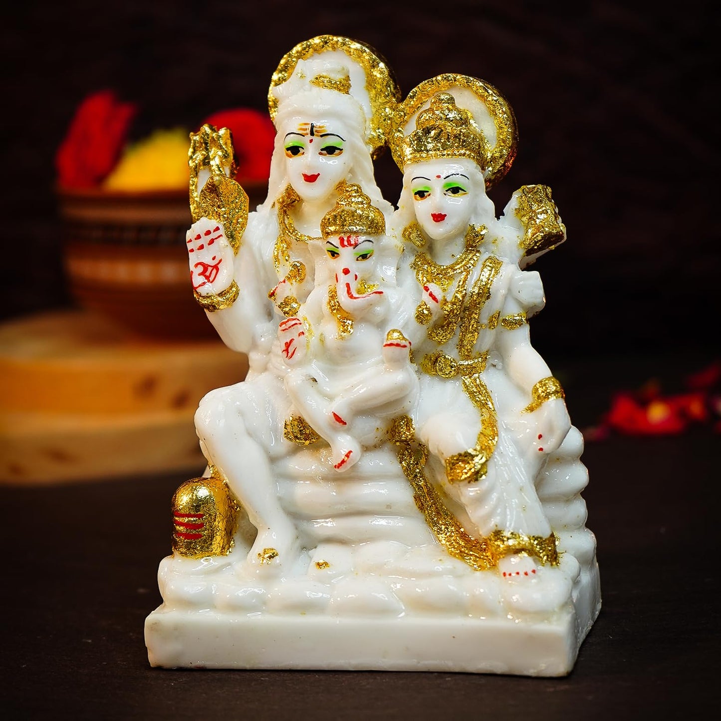 Ekhasa Aura Series Marble Dust Shiv Parivar Murti (5 inch) | Gold Plated Shiv Parvati Murti for Pooja Room, Home Decor & Office Desk | Resin Shiva Parvati Idol | Mahadev Bholenath Pariwar Statue