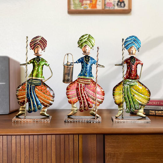 EKHASA Metal Show Pieces for Home Decor | Gift Items for Showcase, TV Unit Decoration | Statue, Figurines, Artifacts for Table, Living Room Decorative Items (Rajasthani Chaukidar-Set of 3)