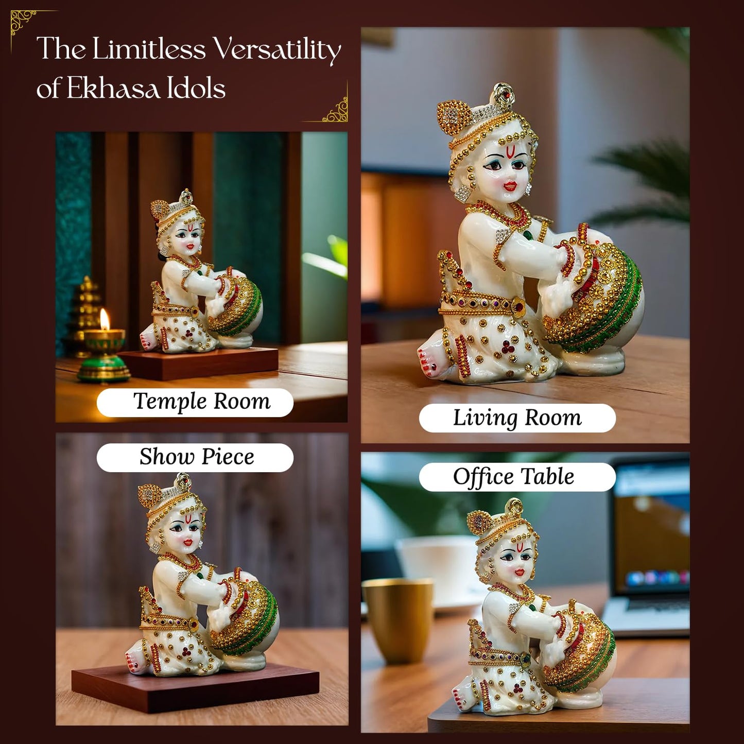 Ekhasa Aura Series Marble Dust Bal Gopal Murti (8 inch, Medium Size) | Gemstone Zircon Studded Laddu Gopal Murti for Pooja | Resin Baby Krishna Idol for Home | Sri Krishna Idols for Gift