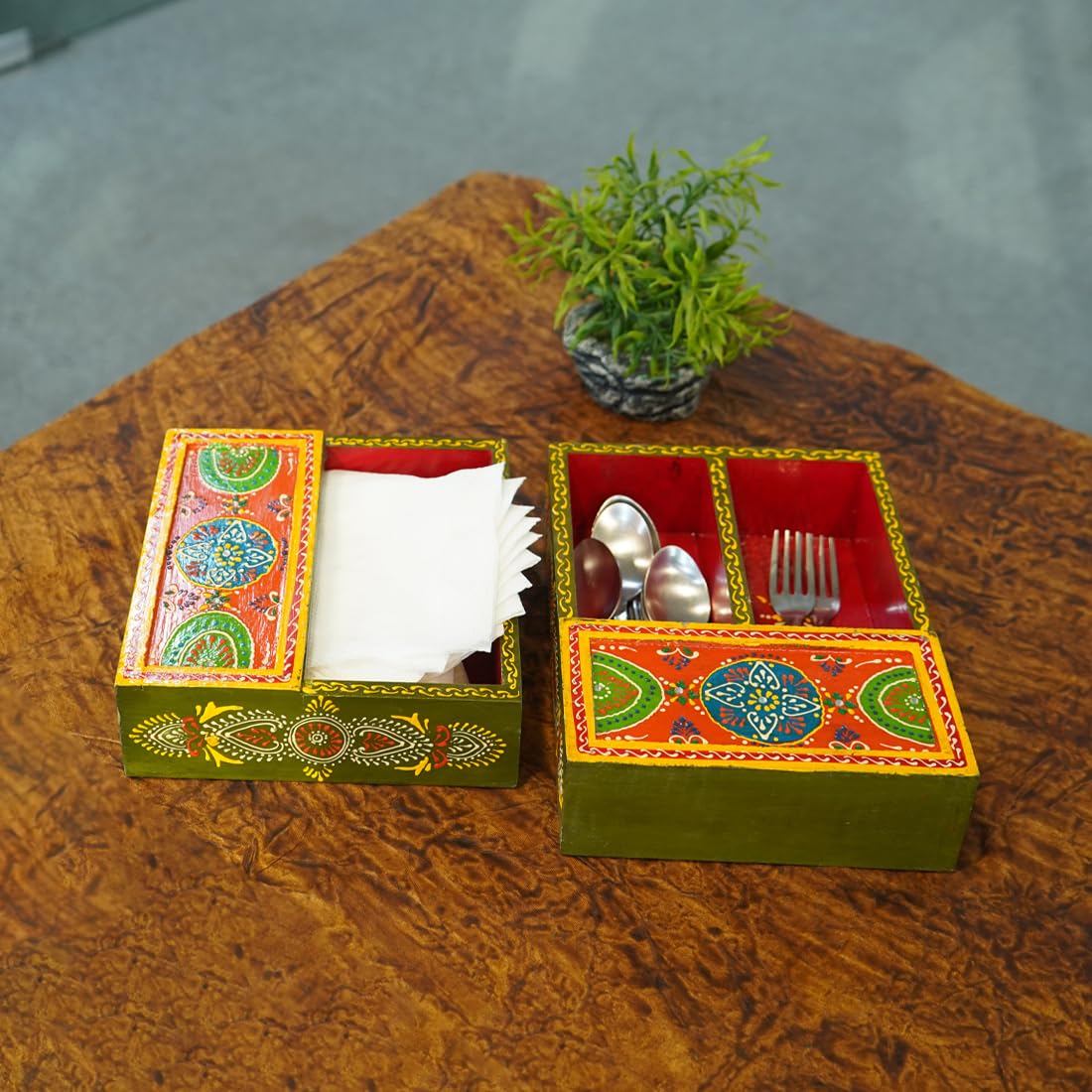 Ekhasa Tissue Paper Box Cutlery Holder for Kitchen | Napkin Spoon Holder Stand for Kitchen Dinning Table | Handpainted Wooden Kitchen Dinning Table Organizer (Mango Wood, Set of 2)