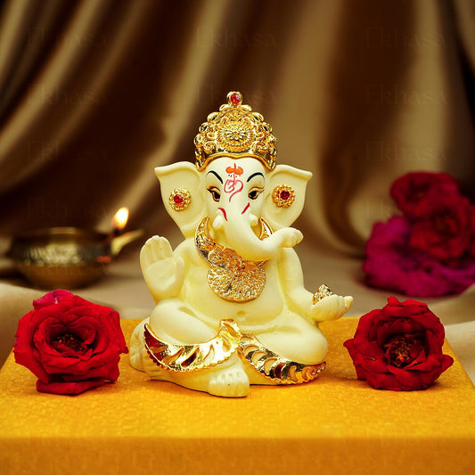 Ekhasa Ganesh Idol for Car Dashboard | Ganpati Idol for Cars | Vinayak Idols for Car Dash Board, Home Decor | Ganapathi for Home | Vinayagar Statue | Ganpati ji for Office Desk (Ivory)