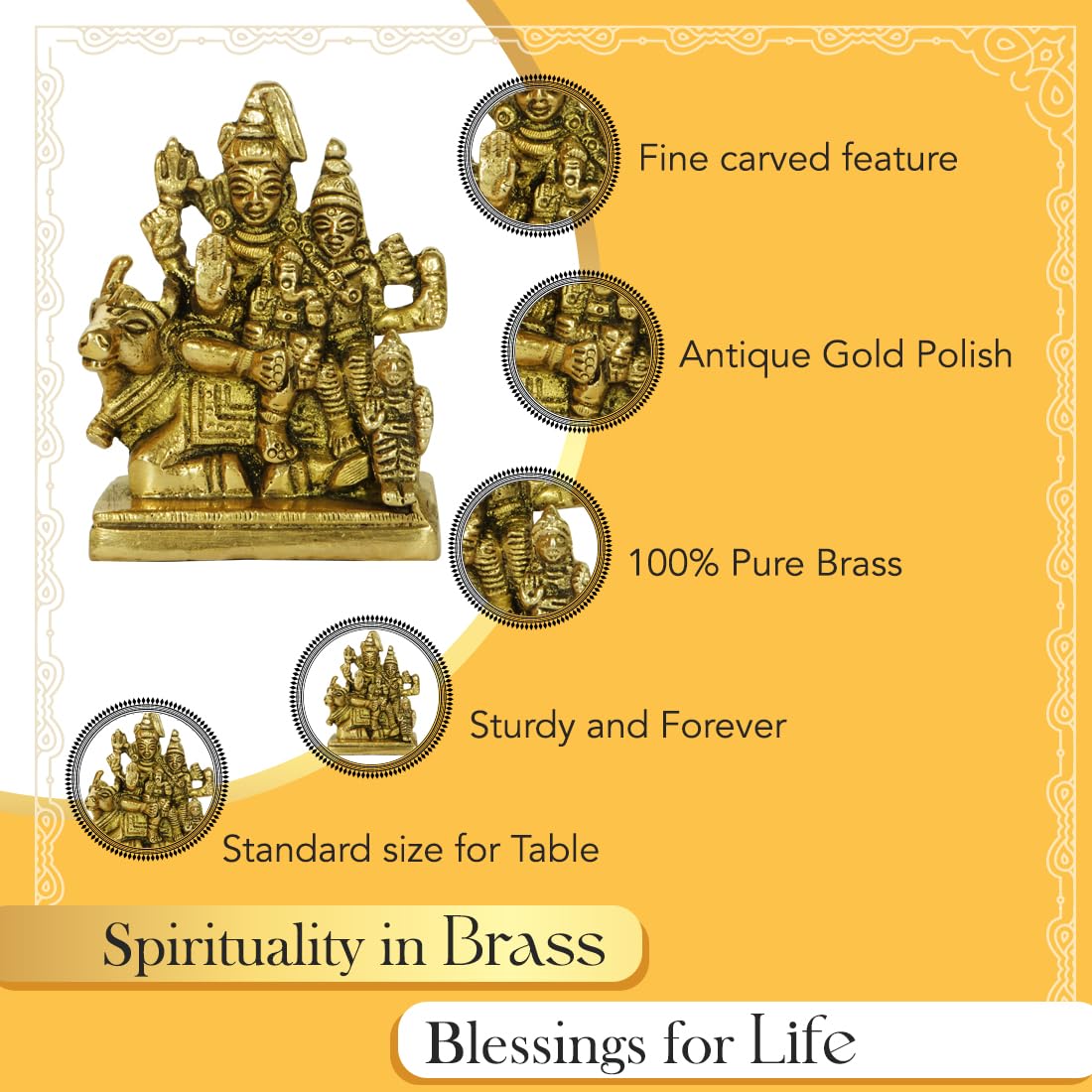 Ekhasa 100% Pure Brass Shiv Parivar Murti (8.5 cm) | Shiv Parvati Murti for Car Dashboard, Pooja Room, Home Decor & Office Desk | Shiva Parvati Idol | Mahadev Bholenath Pariwar Statue