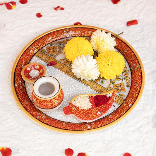 Ekhasa Marble Pooja Thali for Home | Puja ki Thali for Shop | Aarti Thali for Pooja for Office | Pooja Thali Decorative for Gift | Poojaa kee Thaalee | Prasad Thali for Pooja (Handmade)