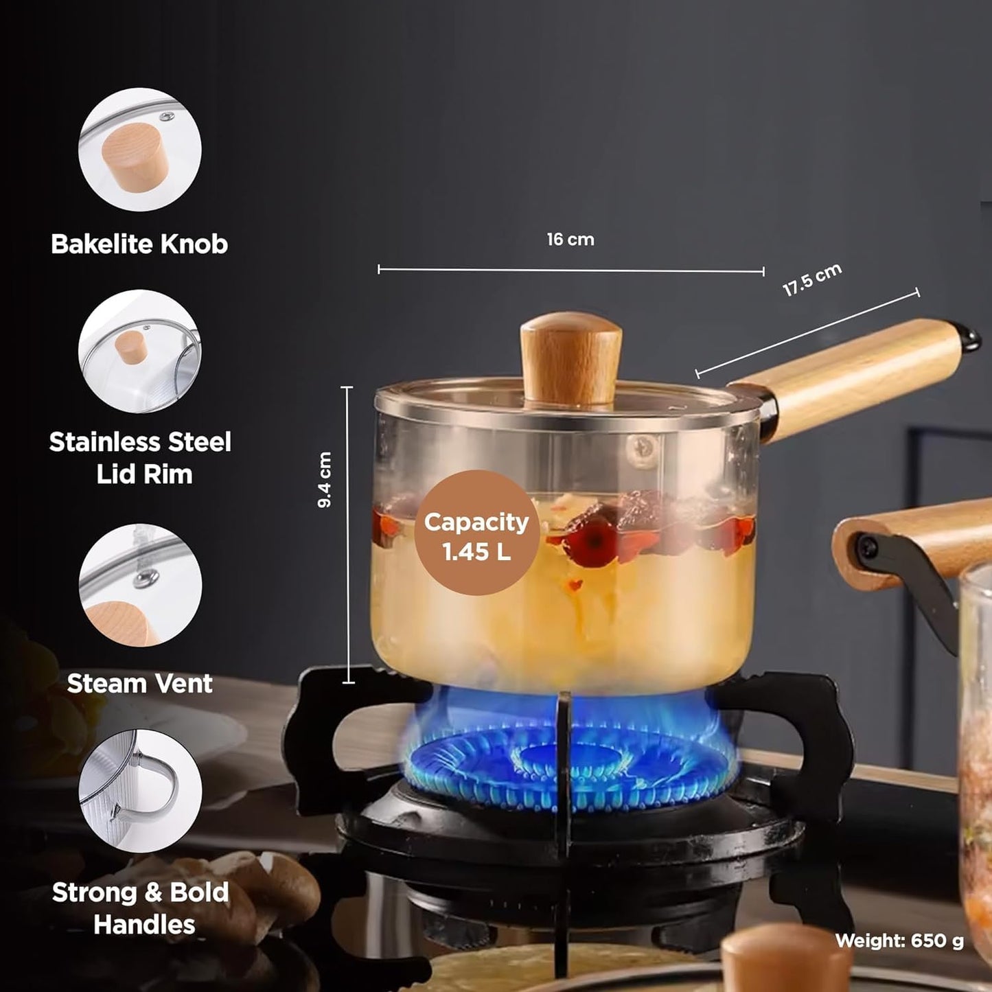 Ekhasa Glass Saucepan Cookware for Gas Stove | Sauce Pan Cooking Pot | Tea Making Vessel with Handle | Transparent Borosilicate Glass Utensils Cook Pot | Microwave Safe Chai Pan Milk Pot Boiler