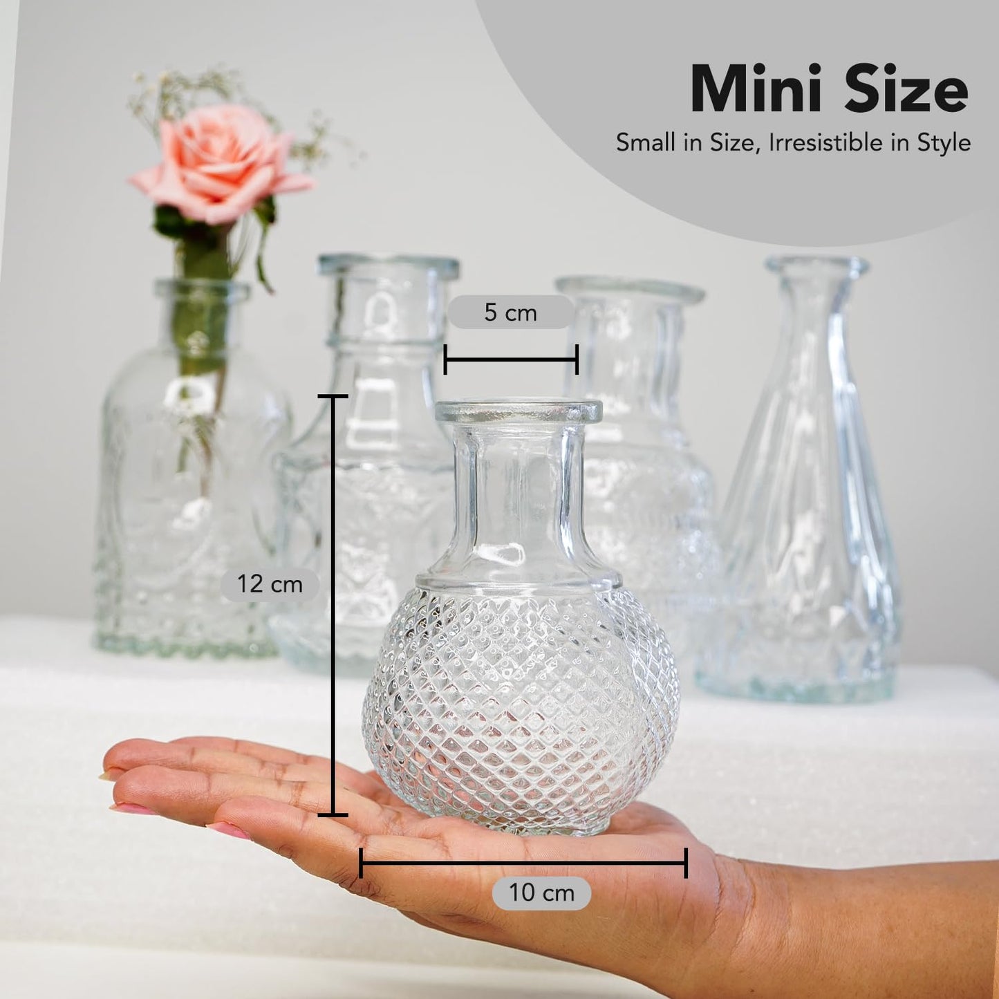 Ekhasa 100% Crystal Clear Glass Bud Vases Flower Pots for Home Decoration (Set of 5) | Center Table Mini Decorative Items | Transparent Glass Vase for Water Plants | Glass Planters for Indoor Plants