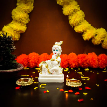 Ekhasa Aura Series Marble Dust Bal Gopal Murti (5 inch) | Gold Plated Laddu Gopal Murti for Pooja Room | Resin Baby Krishna Idol for Home | Bal Krishna Idol | Sri Krishna Idols Gift | Makan Chor Idol