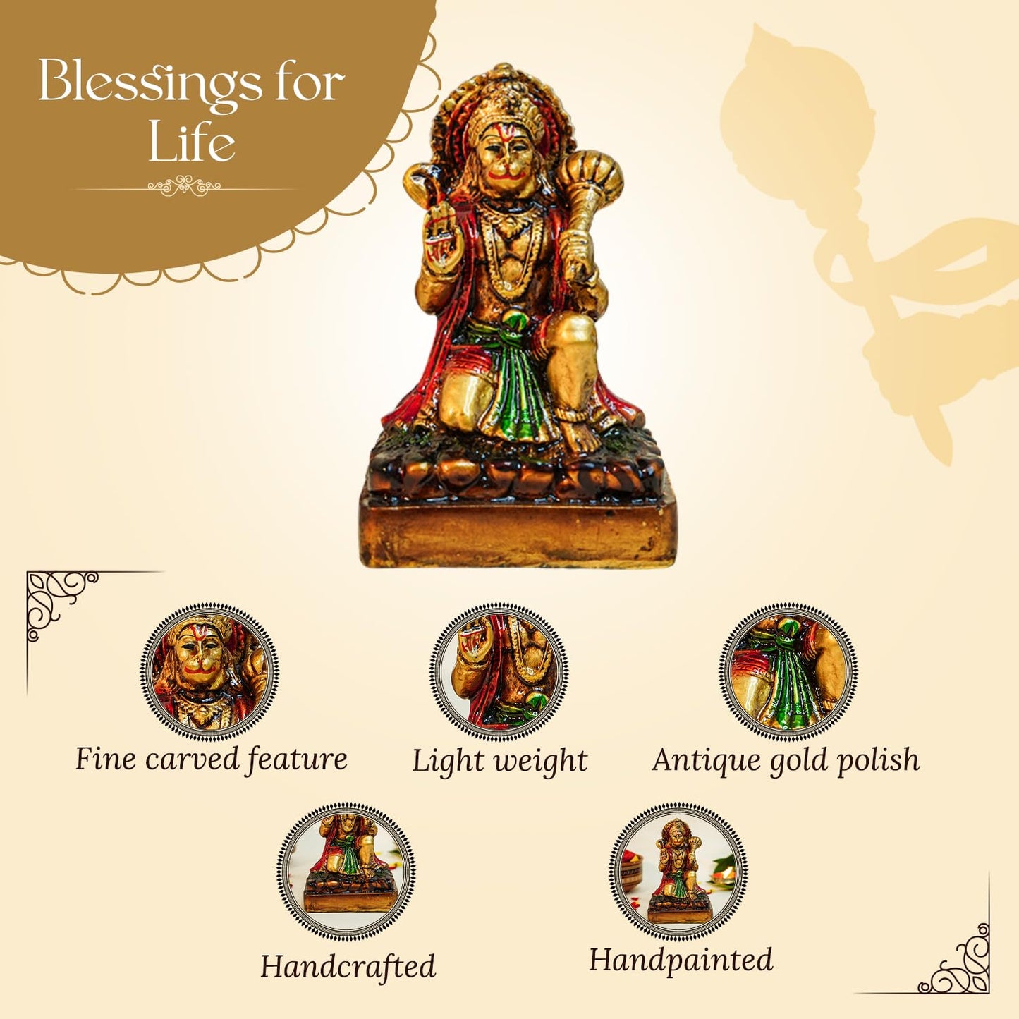 Ekhasa Aura Series Antique Gold Painted Hanuman Ji Murti (5 inch) | Marble Dust Lord Hanuman Idol for Home Decor | Resin Bajrangbali Murti for Puja Room | Bahubali Hanuman Idol with Gada for Gift