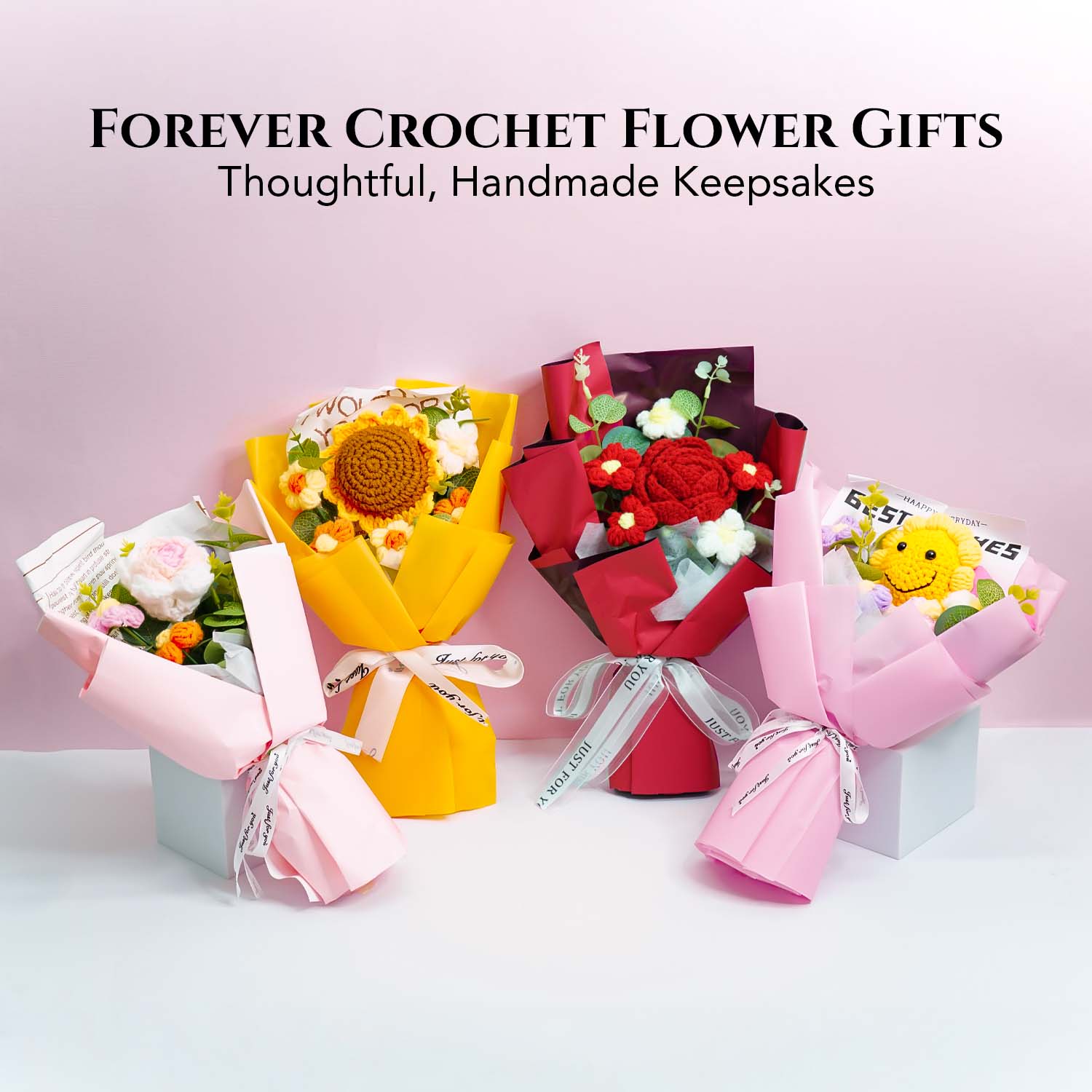 Pink & White Rose Crochet Flower Bouquet for Home Decor & Gifting