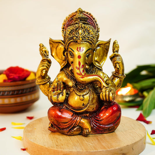 Ekhasa Aura Series Antique Gold Painted Ganesha Idol (5 inch) | Marble Dust Ganesh Murti for Pooja Room, Home Decor, Office Desk | Resin Vinayagar Statue for Diwali Puja | Vinayaka Idol for Gifting