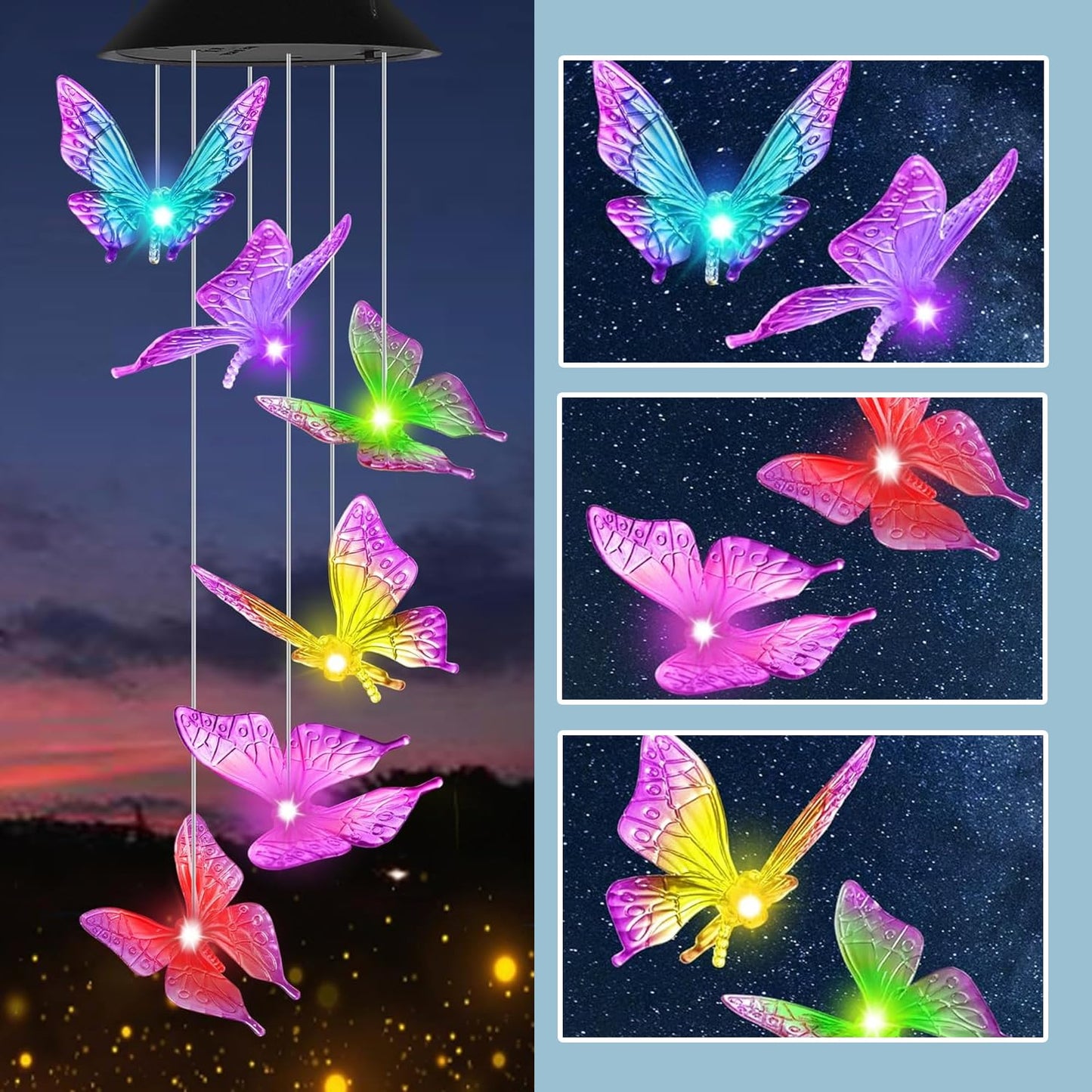 Ekhasa Solar Butterfly Wind Chimes | Solar Powered WindChime for Balcony, Outdoor & Garden Magical Solar Power Positive Vibes WindChimes Lights (Light Colour Changes, No Sound)