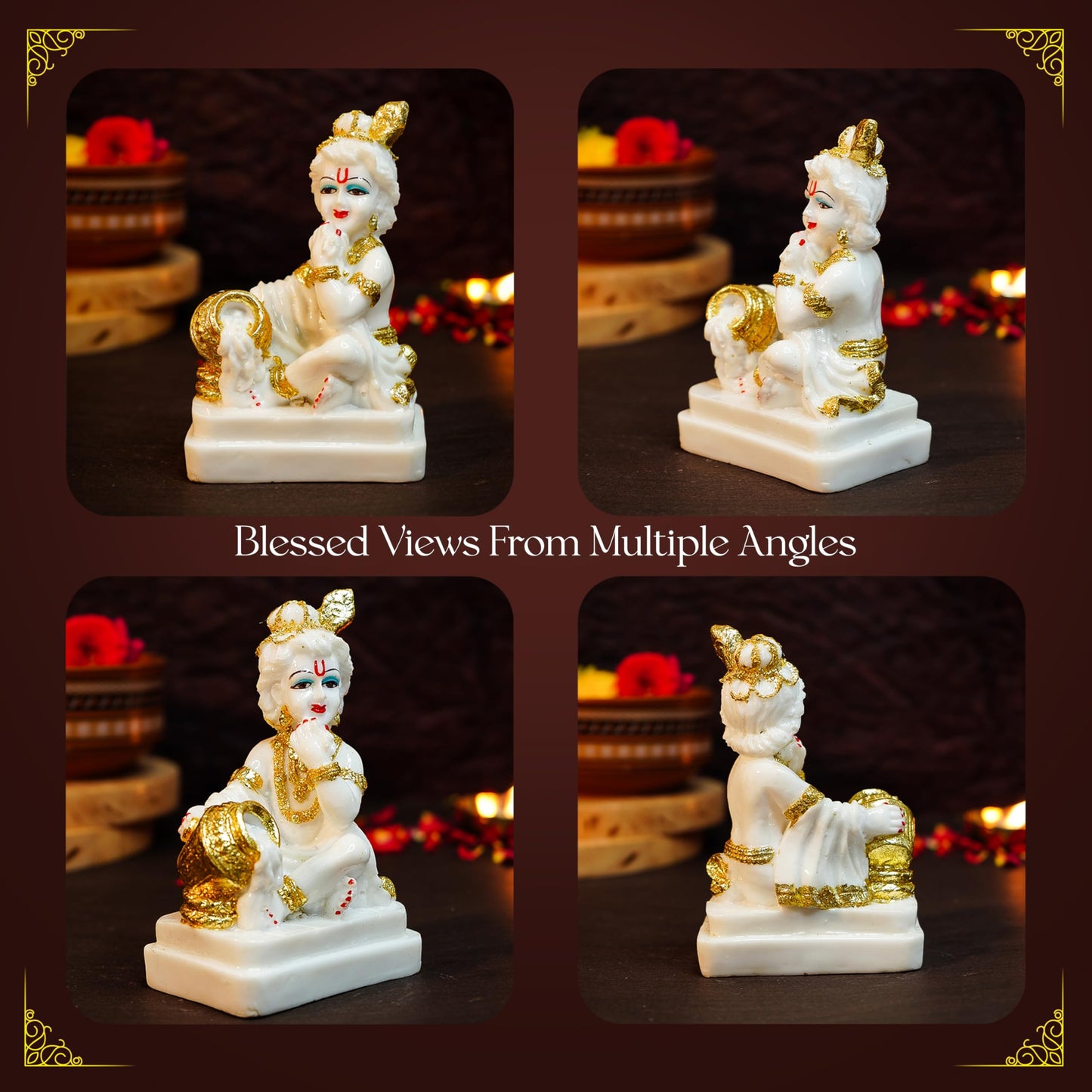 Ekhasa Aura Series Marble Dust Bal Gopal Murti (5 inch) | Gold Plated Laddu Gopal Murti for Pooja Room | Resin Baby Krishna Idol for Home | Bal Krishna Idol | Sri Krishna Idols Gift | Makan Chor Idol