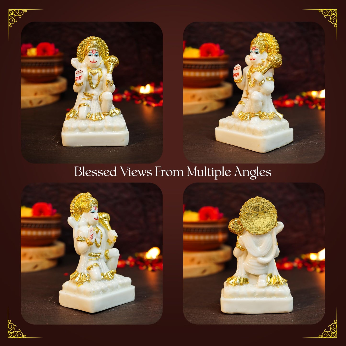 Ekhasa Aura Series Marble Dust Hanuman Ji Murti for Home Puja (5 inch) | Gold Plated Lord Hanuman Idol for Home Decor | Resin Bajrangbali Murti for Puja Room | Bahubali Hanuman Idol with Gada for Gift