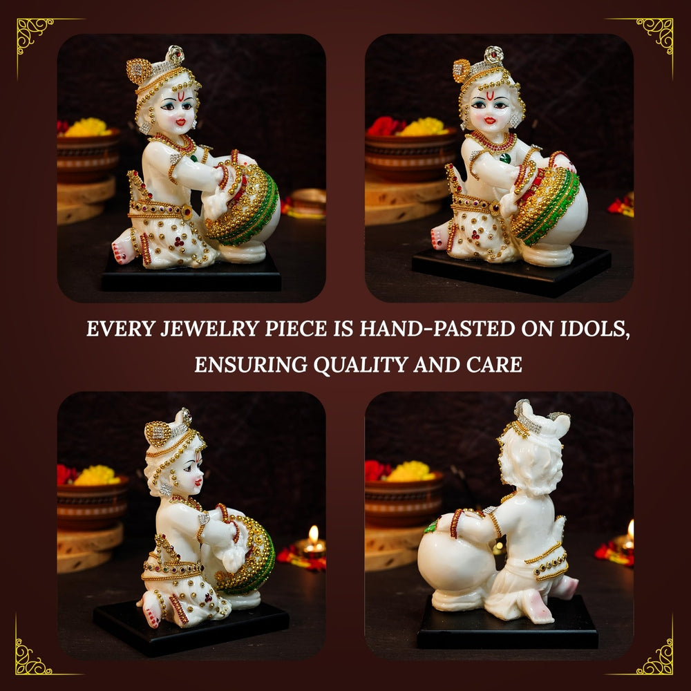 Ekhasa Aura Series Marble Dust Bal Gopal Murti (8 inch, Medium Size) | Gemstone Zircon Studded Laddu Gopal Murti for Pooja | Resin Baby Krishna Idol for Home | Sri Krishna Idols for Gift