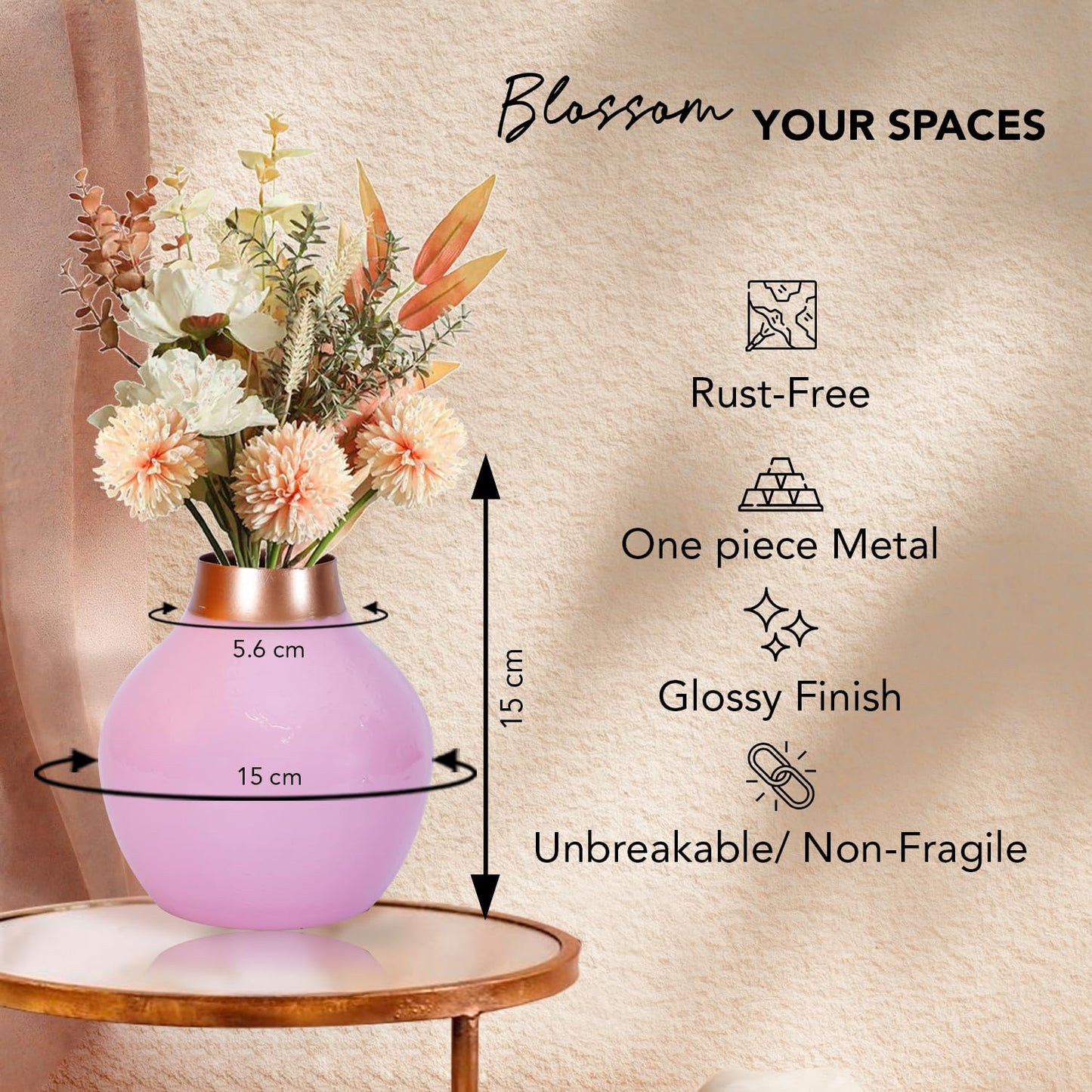 Ekhasa Unbreakable Metallic Pink Flower Vase for Home Decor | Aesthetic Flower Vase Gift for Weddings, Housewarmings, Parties & Gatherings | Decorative Metal Vase for Living Room, Dining Table, Office